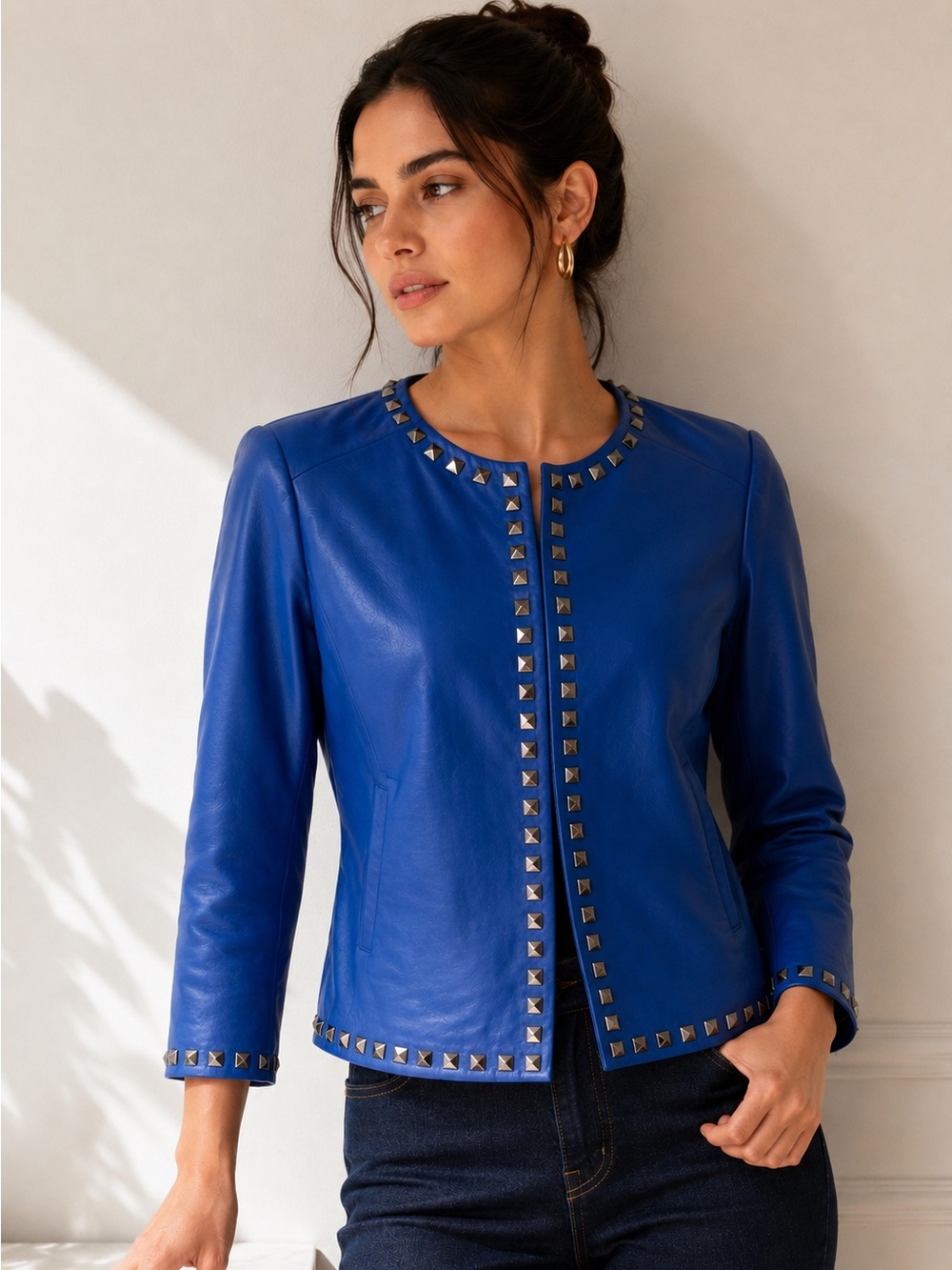 Uterqüe Blue Studded Leather Jacket Sheep Leather Spain Sz Small